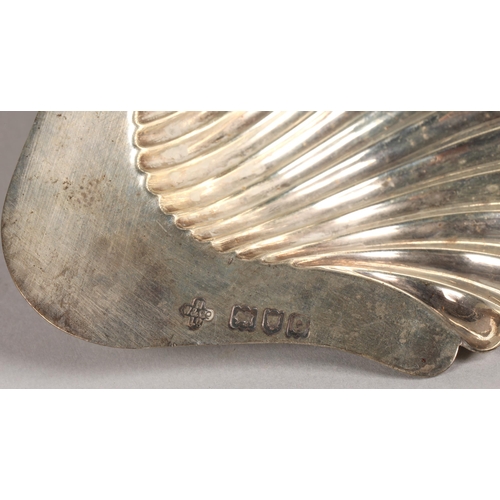 210 - Silver shell dish, London 1900, 64g, and a white metal sugar sifter