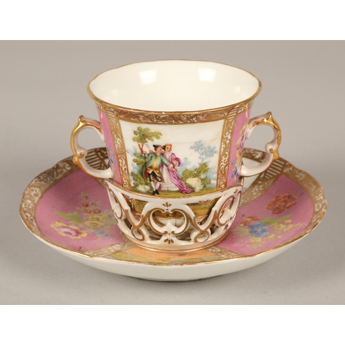 232 - Continental hand painted loving cup and saucer, and porcelain vesta case