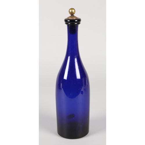 264 - Bristol blue glass bottle and topper with an opaque glass cylindrical vase with enamelled and painte... 