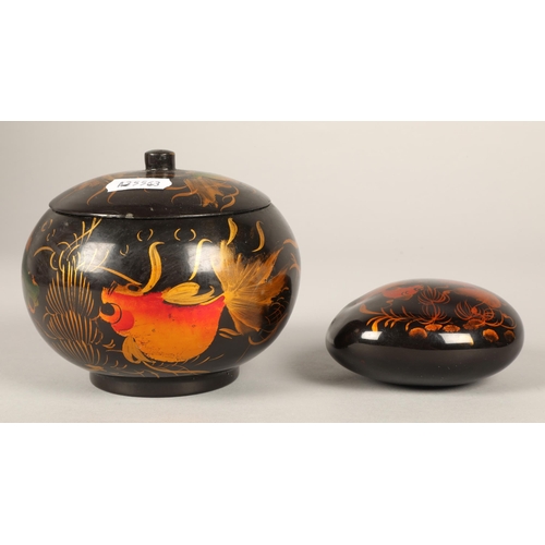 273 - Oriental lacquered box, jar & paperweight with goldfish design