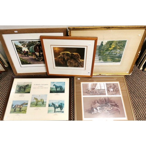 463 - Five assorted framed pictures to include signed prints, dogs, horses, fishing, etc