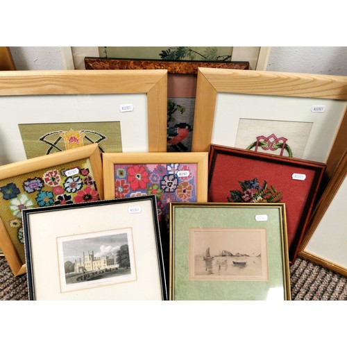 464 - Ten assorted framed pictures to include etchings, needleworks, etc