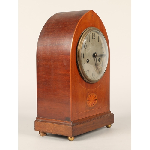 298 - Marquetry inlaid mantel clock, 33cm high