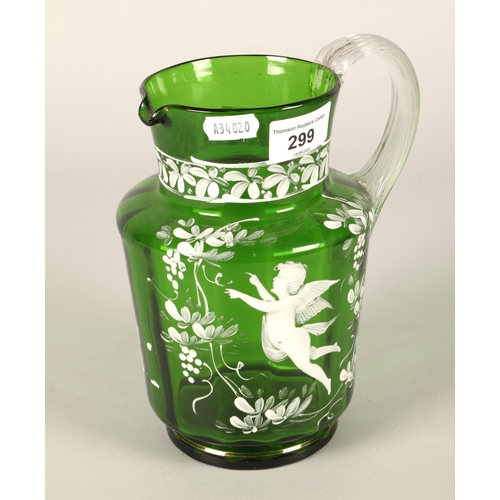 299 - Mary Gregory green glass jug, 20cm high