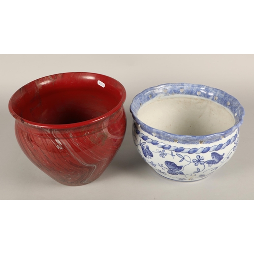 499 - Blue and white Regency Ironstone jardiniere and another marbled red