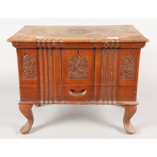 547 - Carved mahogany sewing box with assorted accessories incl. thread, pins, fasteners, etc 