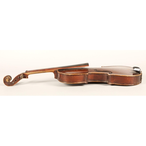 628 - Violin with bow & case, in need of restoration