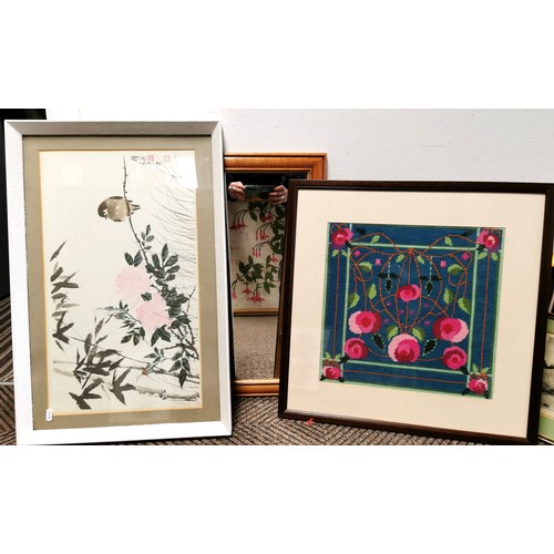 466 - Four framed pictures & wall mirror, to include batik, needlework, etc