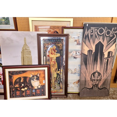 477 - Six assorted pictures including Metropolis print on canvas, 'Eclat du Jour' art nouveau design mirro... 