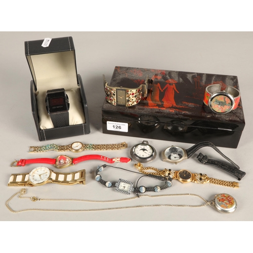 126 - Collection of wristwatches in lacquered jewellery box