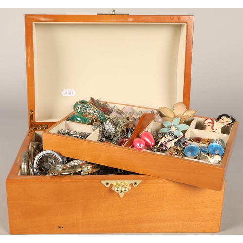 129 - Large quantity of costume jewellery in jewellery box to include earrings, necklaces, bracelets, broo... 