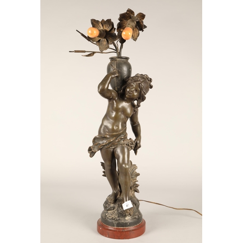 47 - Bronze figure twin branch lamp, signed J Moreau