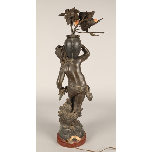 47 - Bronze figure twin branch lamp, signed J Moreau