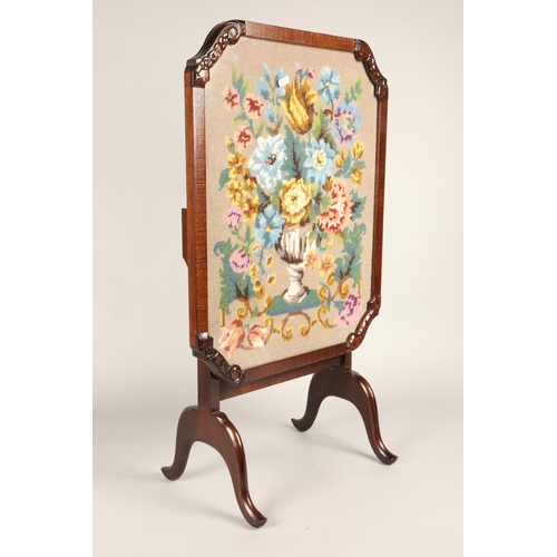 491 - Carved fire screen/table with tapestry insert.