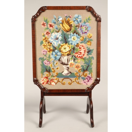 491 - Carved fire screen/table with tapestry insert.