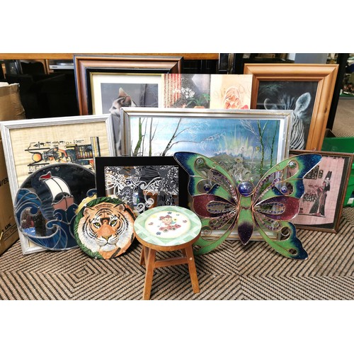 403 - Collection of various prints, a butterfly wall plaque and nursery stool.