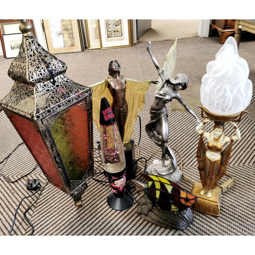 412 - Four decorative table lamps including winged figure.