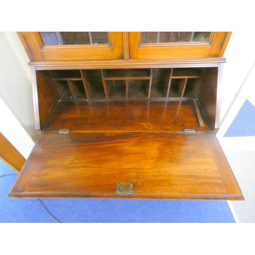 450 - Edwardian mahogany bureau bookcase, astragal doors to upper section.