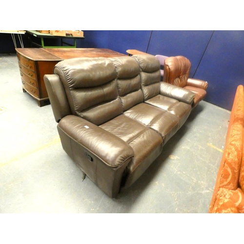 462 - Brown, leather three seater recliner sofa.