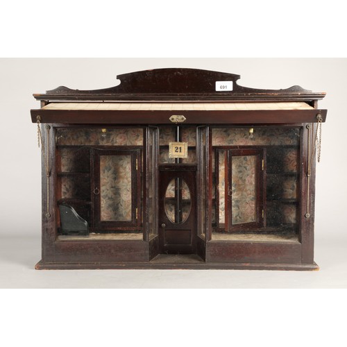 691 - Novelty antique shop front with carry handle and pull-out canopy, the back opens on two sides with s... 