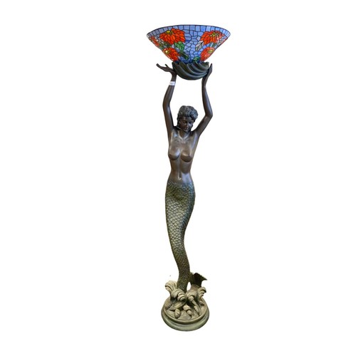 551 - Large freestanding lamp in form of mermaid with Tiffany-style shade, approx. 190cm high