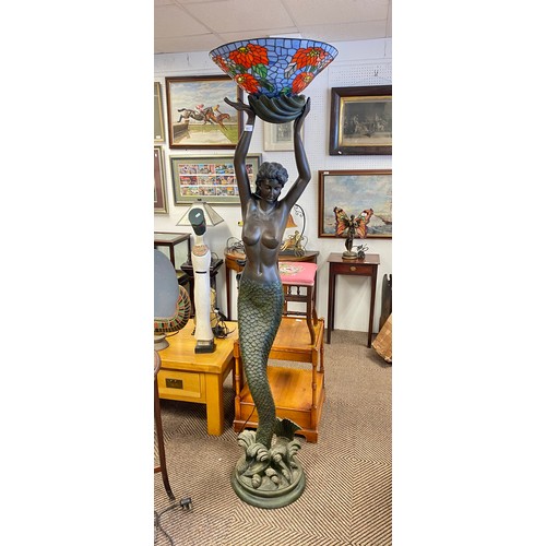 551 - Large freestanding lamp in form of mermaid with Tiffany-style shade, approx. 190cm high