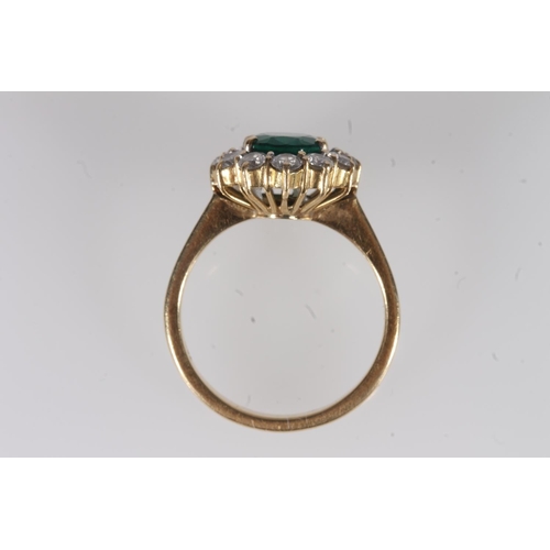 134 - 18ct gold, emerald and diamond cluster ring, the oval cut emerald within a halo of round cut diamond... 