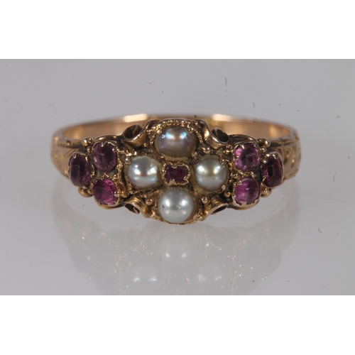 137 - Victorian 15ct gold amethyst and seed pearl ring, the split pearl amethyst cluster on a scrolled mou... 