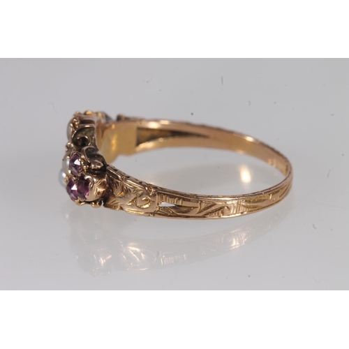 137 - Victorian 15ct gold amethyst and seed pearl ring, the split pearl amethyst cluster on a scrolled mou... 