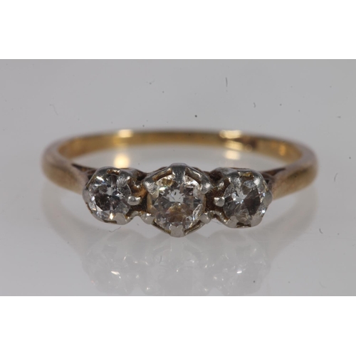 196 - Yellow gold and diamond ring, the round cut brilliants prong set on a cathedral mount on plain band,... 