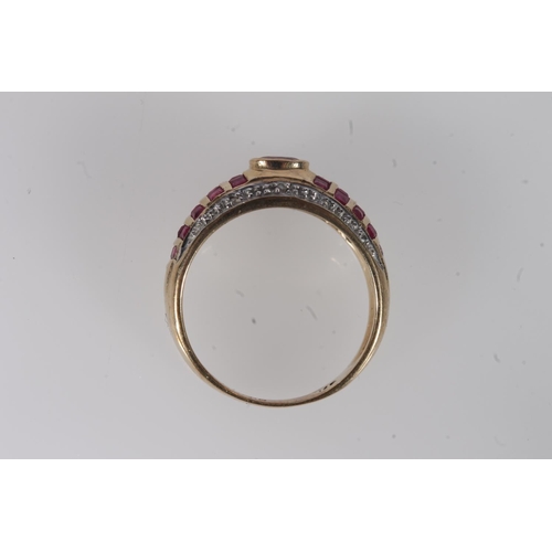 200 - 9ct gold ruby and diamond ring, the bezel set central oval ruby flanked by interspersed ruby bands a... 