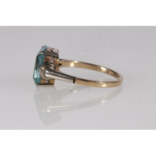 205 - 9ct gold and blue green spinel/tourmaline ring, the radiant cut stone set on white gold shoulders le... 