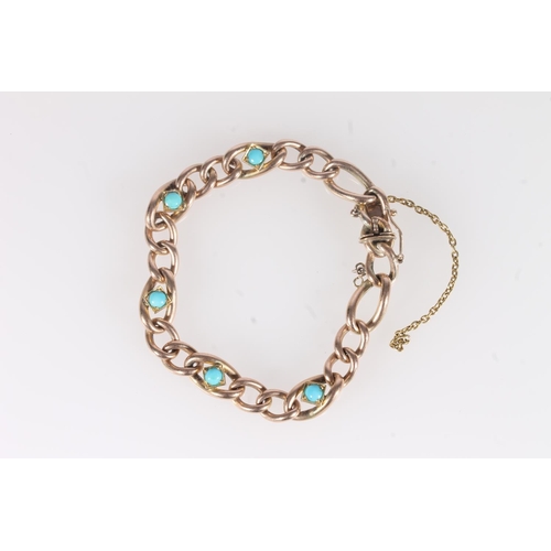 212 - Edwardian 9ct gold figaro link chain bracelet, interspersed with applied split turquoise cabochons, ... 