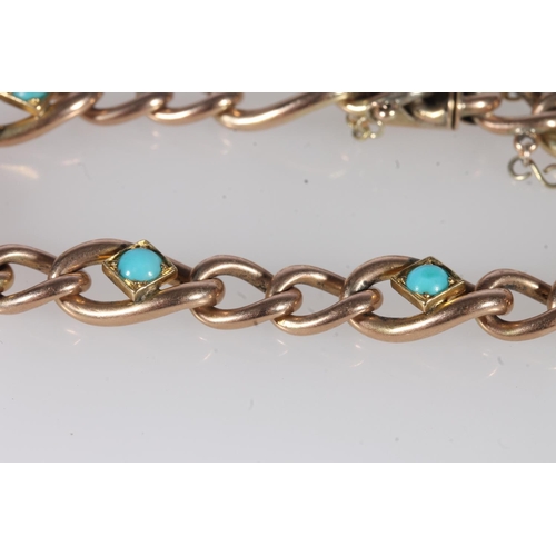 212 - Edwardian 9ct gold figaro link chain bracelet, interspersed with applied split turquoise cabochons, ... 