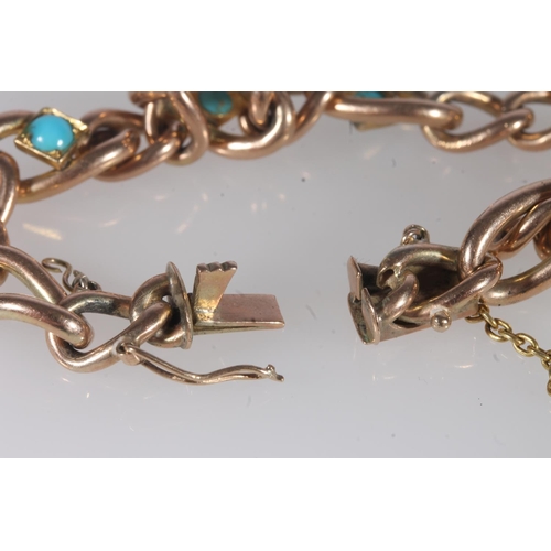 212 - Edwardian 9ct gold figaro link chain bracelet, interspersed with applied split turquoise cabochons, ... 