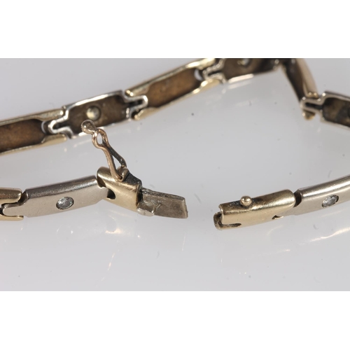 217 - Two tone unmarked gold box link bracelet, interspersed with small round cut diamonds, 13.8g.