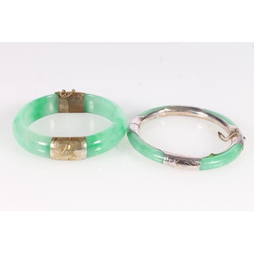 220 - Three Chinese jade bangles, maximum internal width 5.8cm, together with a Chinese jade and marcasite... 