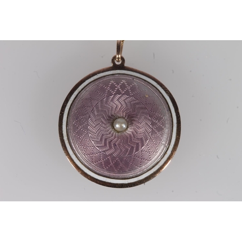 226 - Edwardian 15ct gold and pink guilloché enamel locket pendant, centred with a split pearl within enam... 