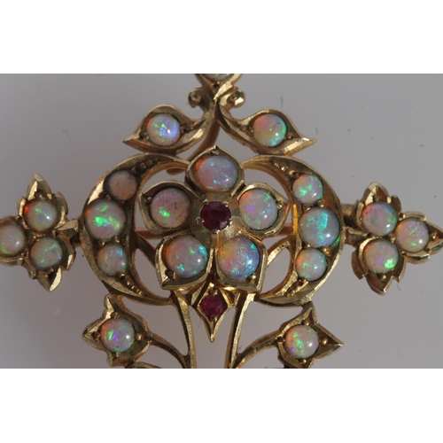 227 - Edwardian yellow gold, opal and ruby open work lavaliere pendant brooch, the small opal cabochons se... 