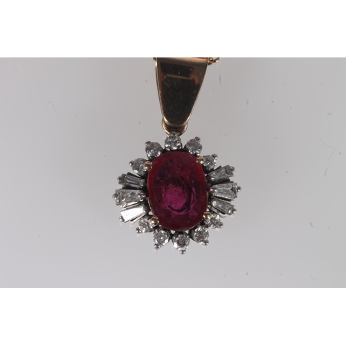 228 - Ruby and diamond cluster pendant, the oval cut ruby within a halo of round and trapezoid tapered dia... 