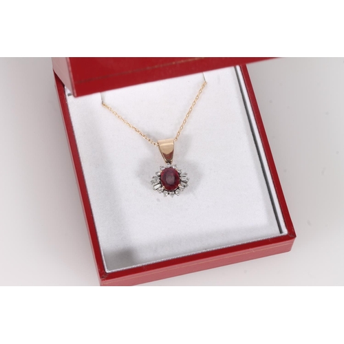 228 - Ruby and diamond cluster pendant, the oval cut ruby within a halo of round and trapezoid tapered dia... 