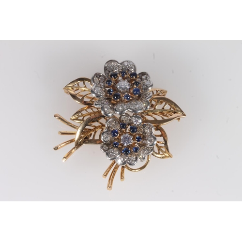 235 - Diamond, sapphire and yellow gold brooch, the brooch formed as flowerheads on an openwork unmarked y... 