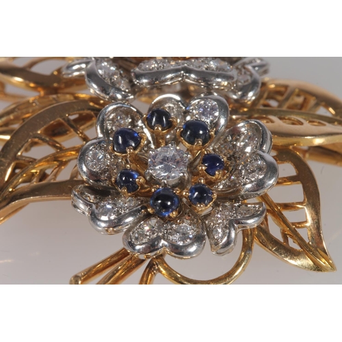 235 - Diamond, sapphire and yellow gold brooch, the brooch formed as flowerheads on an openwork unmarked y... 