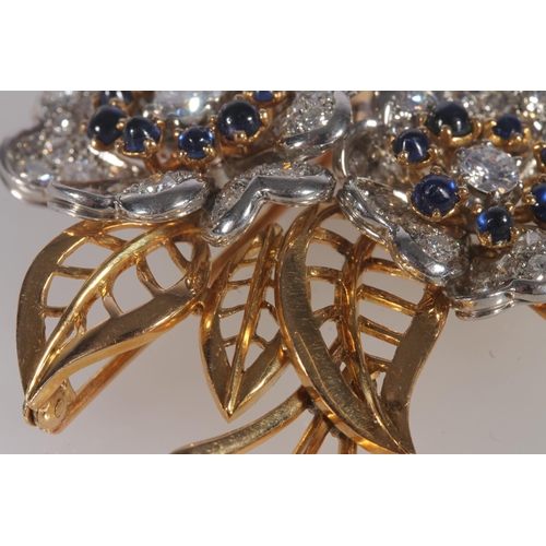 235 - Diamond, sapphire and yellow gold brooch, the brooch formed as flowerheads on an openwork unmarked y... 