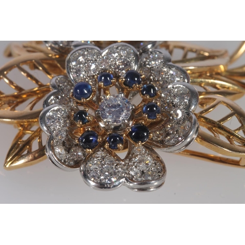 235 - Diamond, sapphire and yellow gold brooch, the brooch formed as flowerheads on an openwork unmarked y... 