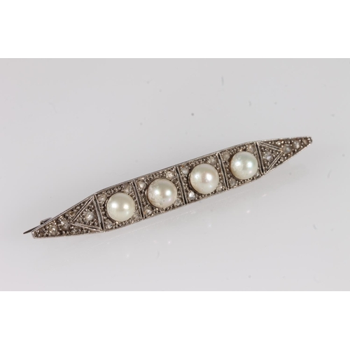 240 - Art Deco white metal and four pearl brooch, c. 1920s, the symmetrical frame studded with small rose ... 