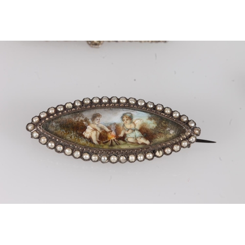 243 - Victorian brooch with a painted scene depicting children by a fire, framed within a white metal and ... 