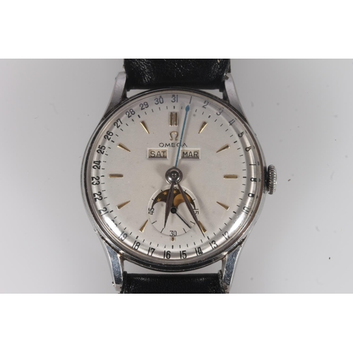 271 - Omega Cosmic triple calendar stainless steel wristwatch, white dial with applied dagger markers, out... 