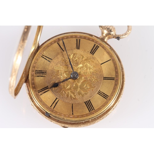 273 - Late Victorian 18ct gold pocket watch, the fancy engraved case with brushed gold dial, Roman numeral... 