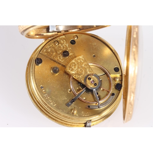 273 - Late Victorian 18ct gold pocket watch, the fancy engraved case with brushed gold dial, Roman numeral... 